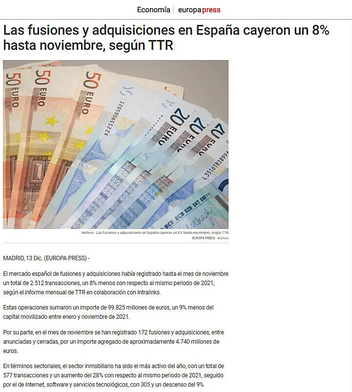 Las fusiones y adquisiciones en Espaa cayeron un 8% hasta noviembre, segn TTR